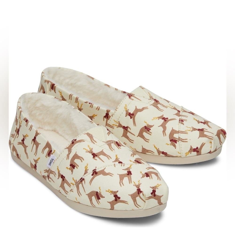 Toms Cream and Brown Canvas Loafers with Whimsical Print